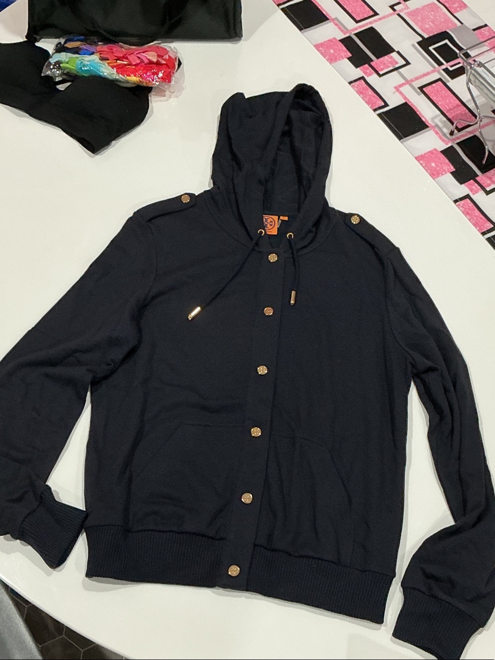 Tory Burch Black Hooded Button-Front Sweatshirt with Gold Accents
